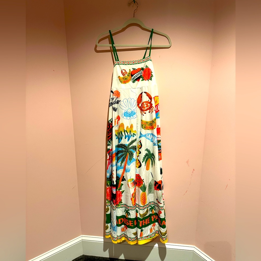 White Tropical Print Maxi Dress with Green Straps